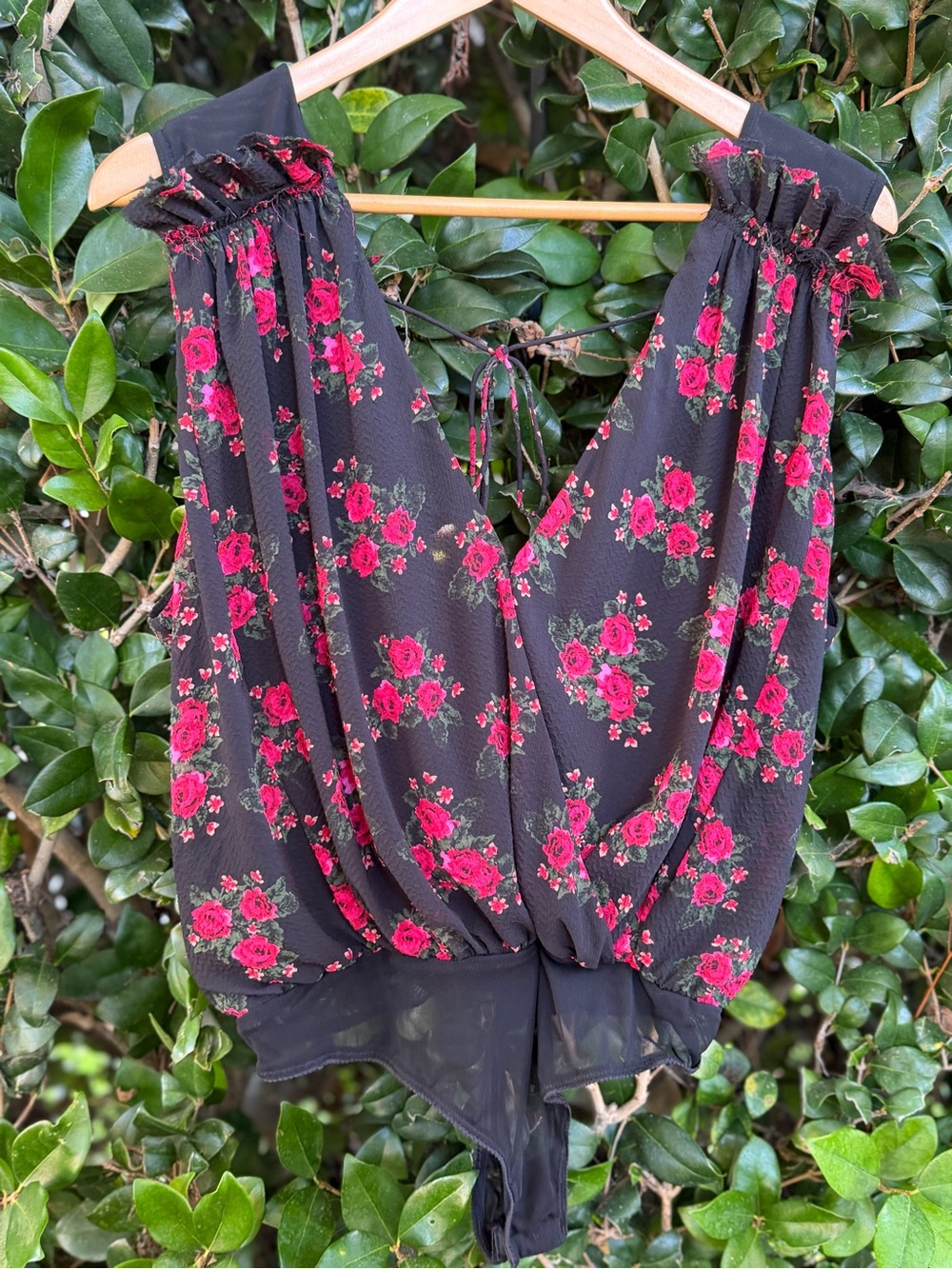 FP Movement by Free People Black Bodysuit with Pink Rose Print
